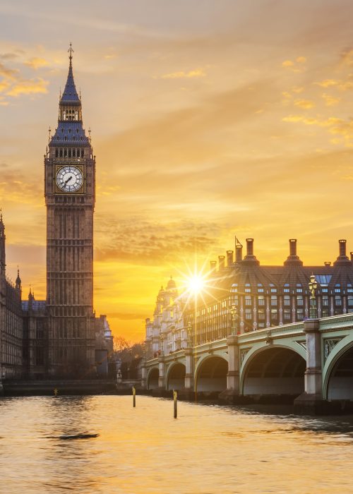 Big Ben and Westminster Bridge at sunset, London, UK