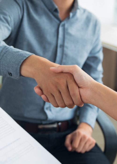 Smiling Asian businessman wearing shirt sitting in office and shaking hand of female partner. Woman holding document